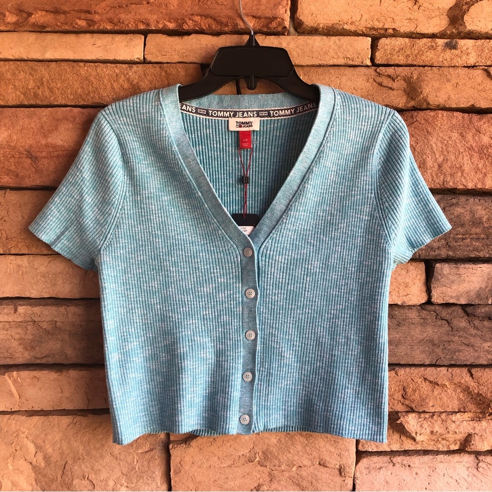 Tommy Hilfiger blue ribbed knit button up short sleeve crop top NWT Women Large